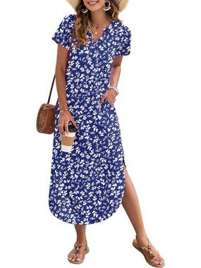 Women's Blue White Summer Maxi Dress 2026 Short Sleeves Casual V Neck Sundress